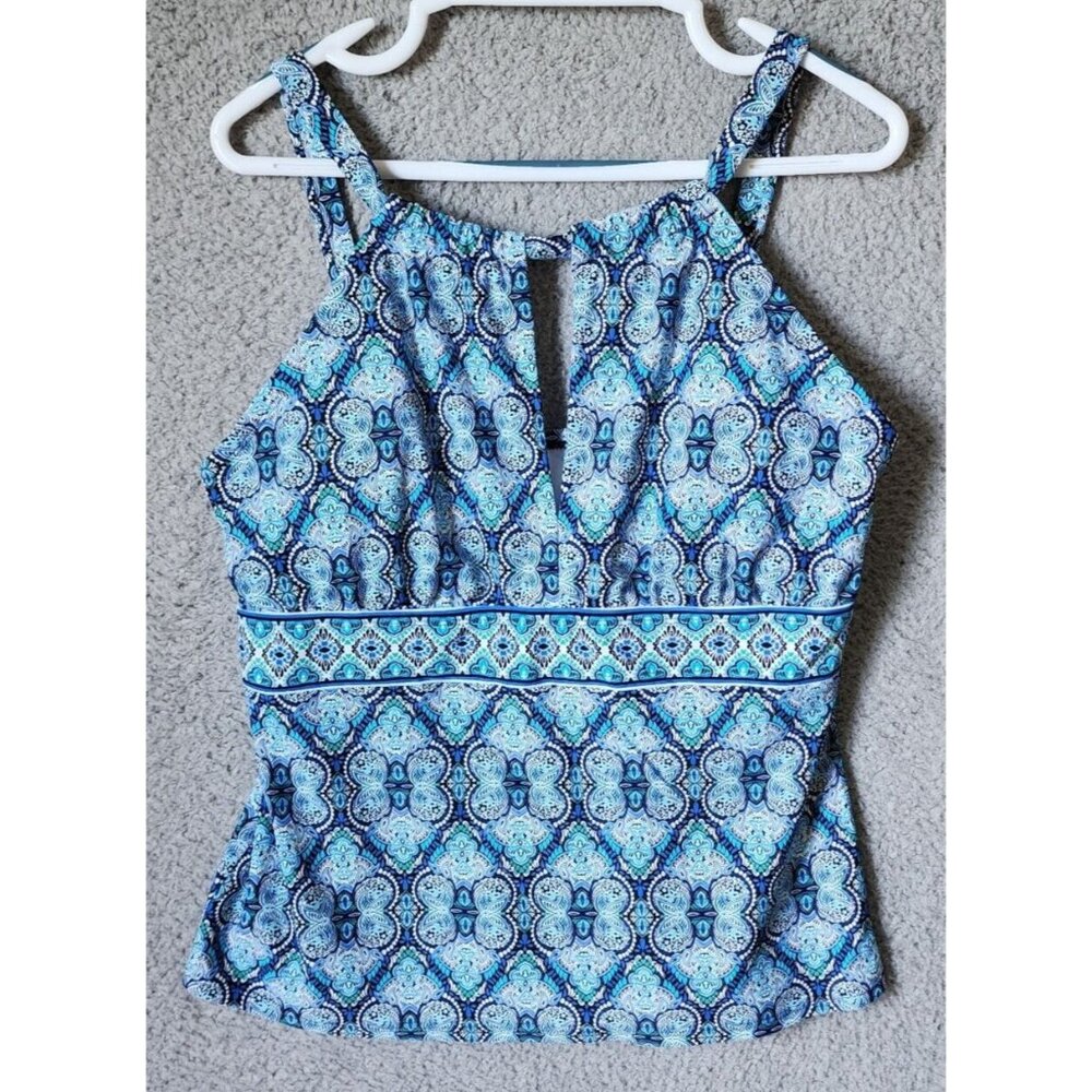 Chaps Women's High‎ Keyhole V Neck Tankini Swimsuit Top Blue Patterned Size 16W